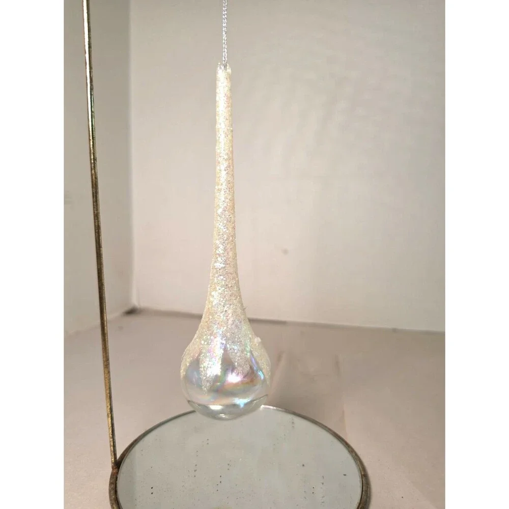 Vintage White Iridescent Glitter Glass Teardrop Icicle Christmas Ornament 7